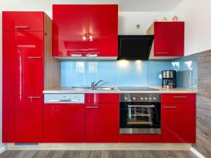 ボルテンハーゲンにあるStunning Apartment in Boltenhagenの赤いキッチン(赤いキャビネット、シンク付)