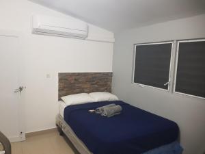 a bedroom with a blue bed and a window at Always Summer Inn in Culebra +24 photos