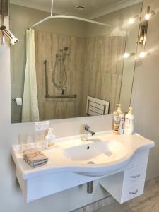 een badkamer met een wastafel en een grote spiegel bij Road Sun Tourist Lodge in Dunedin
