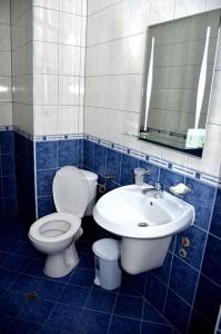 bagno piastrellato blu con servizi igienici e lavandino di Family Hotel Daisy a Borino