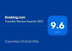 Certifikát, hodnocení, plakát nebo jiný dokument vystavený v ubytování Colombo Orchid Villa