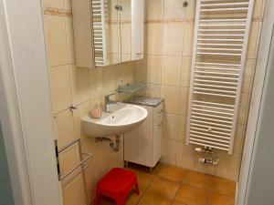 a small bathroom with a sink and a red stool at 2 Zimmer Appartement Poseidon in Boltenhagen