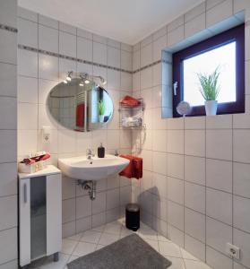 a bathroom with a sink and a mirror at Ferienhaus Götten in Hontheim