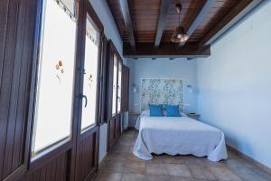 a bedroom with a bed with blue pillows at Aitetxe in Laguardia