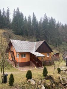 ein Haus auf einem Hügel mit Bäumen im Hintergrund in der Unterkunft Moara Lui Ivan in Hănăşeşti