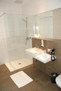 a bathroom with a sink and a shower at Hotel Mühlviertler Hof in Schwertberg