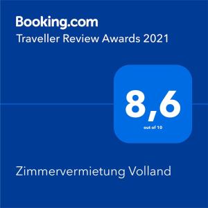 Certifikát, hodnocení, plakát nebo jiný dokument vystavený v ubytování Zimmervermietung Volland