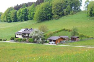 uma casa no meio de um campo verde em Ferienwohnung Sattler em Neukirchen am Teisenberg