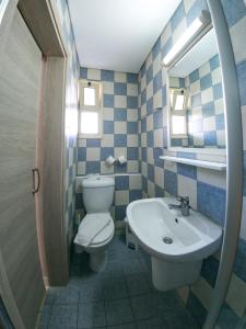 a bathroom with a toilet and a sink and a mirror at Crystallo Apartments in Paphos