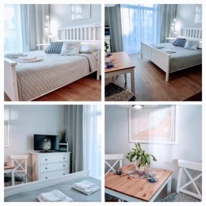4 imágenes de un dormitorio con cama y mesa en Apartamenty na Wyspie - Promenada, en Świnoujście