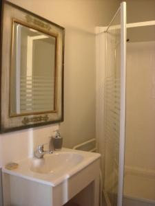 a bathroom with a sink and a mirror and a shower at La Tour des Laudes in Breuil-Barret