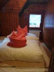 een slaapkamer met twee bedden met rode kussens erop bij Waldhaus, Ski- und Wanderhütte in Breitenbrunn