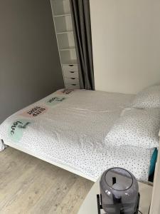 1 dormitorio con 1 cama con espejo y aspiradora en Villa Proche Mer St Martin de BREHAL, en Bréhal