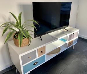 - une télévision sur une armoire blanche avec une plante en pot dans l'établissement Ferienwohnung Brötzingen Westliche KF - DG, à Pforzheim