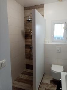 a bathroom with a toilet and a shower at l'Eden naturiste écureuil in Challans +26 photos