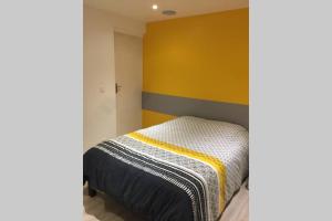 1 dormitorio con 1 cama con pared amarilla y naranja en NID D AMOUR F1 40m2 calme RDC possibilité jacuzzi hammam, en Chamalières