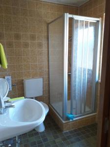 a bathroom with a shower and a sink and a toilet at Mesnerwirt in Neukirchen am Teisenberg