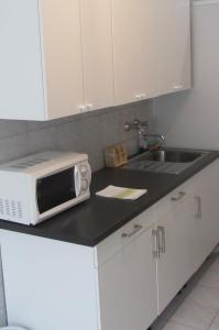 a kitchen counter with a microwave and a sink at Apartments Messe-Prater in Vienna