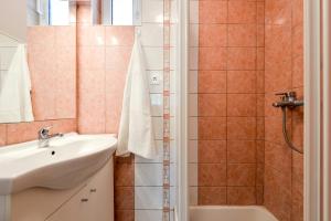 uma casa de banho com um lavatório e um chuveiro em Apartments in Razanac - Zadar Riviera 41401 em Ražanac
