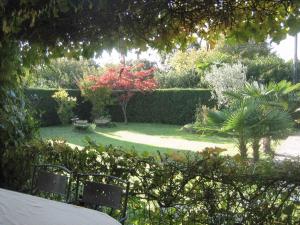a garden with two chairs and a red tree at Holiday home in Pacengo - Gardasee 21959 in Ronchi