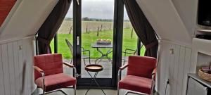 Zimmer mit 2 Stühlen und einem Tisch mit Blick auf ein Feld in der Unterkunft Hotelhuisje Warmenhuizen #F in Warmenhuizen