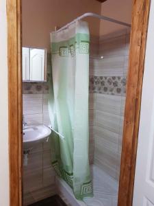 cortina de ducha en el baño con lavamanos en Holiday Homes in Balatonakali 37748, en Balatonakali