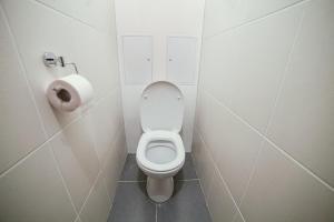 a bathroom with a toilet and a roll of toilet paper at Studiominsk 8 Apartments in Minsk