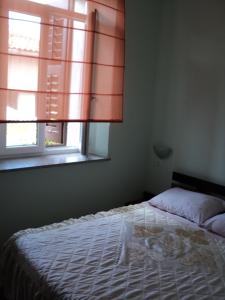 1 dormitorio con 1 cama y una ventana con persianas rojas en Apartment Mandrač, en Novigrad Istria