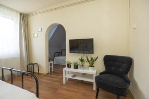 a bedroom with a chair and a tv and a bed at Hősök Apartman in Eger