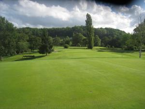 uitzicht op een golfbaan met een groen veld bij Hotel Helios - Golf in Salies-de-Béarn