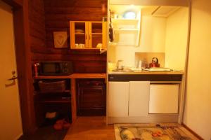 a small kitchen with a sink and a microwave at Cottage&Pension Love Thirty in Karuizawa