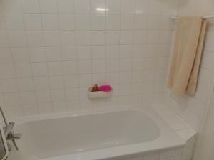 a white bath tub with a pink object in a bathroom at Appartement Pour 4 Personnes Avec Vue Sur Le Canal Du Lac Marin- Residence Du Lac in Hossegor +10 photos
