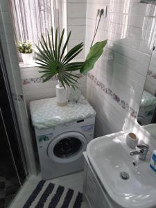 a bathroom with a washing machine and a sink at Wanderer 1 in Debrecen