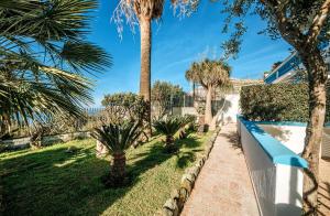 a garden with palm trees and a blue bench at Appartamenti Ischia Casa Don Peppe in Ischia