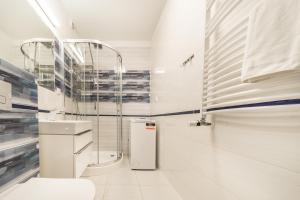 a white bathroom with a shower and a toilet at KASANDRA in Pobierowo +16 photos