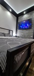 a bedroom with a large bed with a tv on the wall at Fantastic Place in Apatin