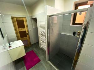 a bathroom with a shower and a sink at Cozy B&B Home in Banská Bystrica