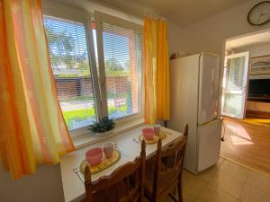 uma cozinha com uma mesa, um frigorífico e uma janela em 3 Bedroom apartment in the part of the city em Banská Bystrica