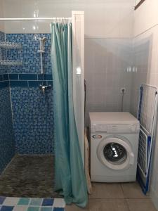 La salle de bains est pourvue d'un lave-linge et d'une douche. dans l'établissement Gîte de Kerezenn, à Fougerolles