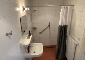 een badkamer met een wastafel en een douche bij Waddenhoes Gastenverblijven in Pieterburen