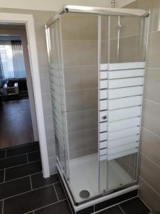 W łazience znajduje się prysznic ze szklanymi drzwiami. w obiekcie Wohnung in Troisdorf T02 w mieście Troisdorf