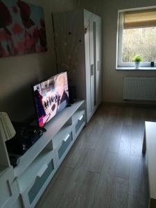 een woonkamer met een tv op een dressoir bij dom do wynajecia oaza in Leszyce