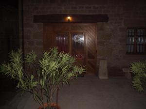 una puerta de madera con plantas delante en La cueva, en Elciego