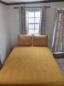 duże żółte łóżko w pokoju z oknem w obiekcie Devachan Apartments w mieście Bridgetown