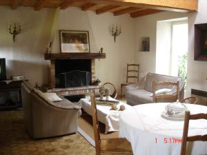 ein Wohnzimmer mit einem Sofa und einem Kamin in der Unterkunft Gîte 5/6 personnes aux portes du Périgord in Saint-Adjutory