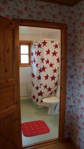 a bathroom with a toilet with stars on the wall at Norrvange Stugor in Kappelshamn