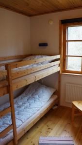 two bunk beds in a room with a window at Norrvange Stugor in Kappelshamn