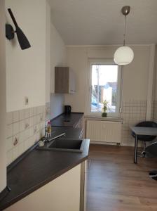 uma cozinha com um lavatório e uma bancada em Gästehaus Zur Fähre em Coswig