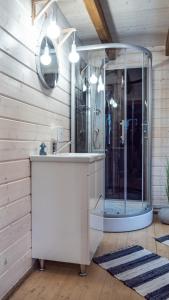 a bathroom with a shower and a white sink at Ungru Holiday Houses in Suuresadama