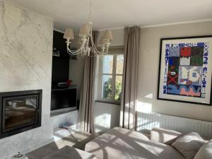 a living room with a couch and a fireplace at No Tempo in Knesselare